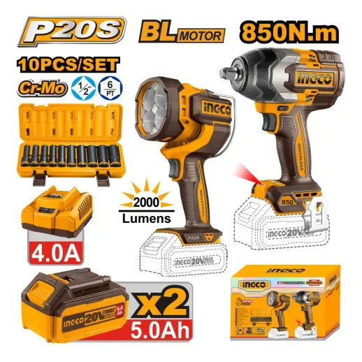 Kit 20v C/llave De Impacto + Linterna C/2 Bat+carg Ingco - Imagen 2