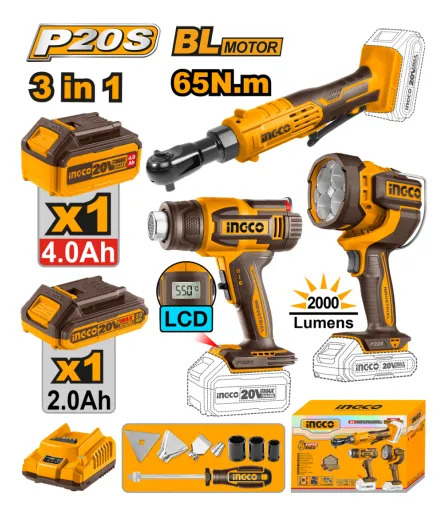 Pack Llave Crique Pistola Calor Linterna Cargador Ingco - Imagen 2