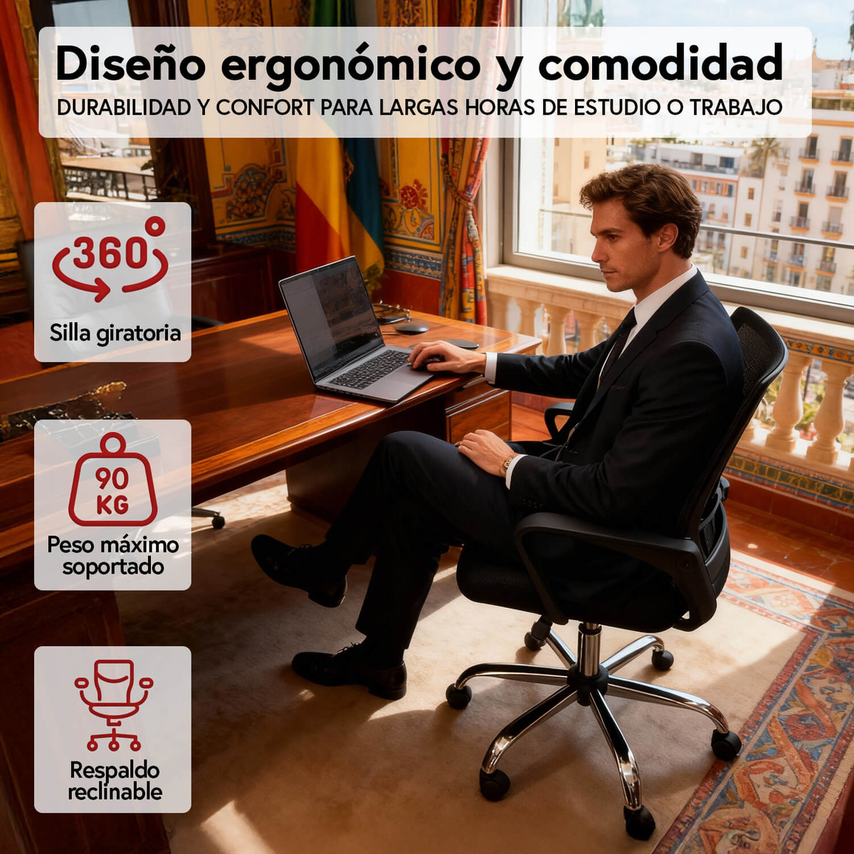 Silla De Oficina Ergonomica Mesh Negra Con Soporte Lumbar Y Altura Regulable Negro Malla - Imagen 2