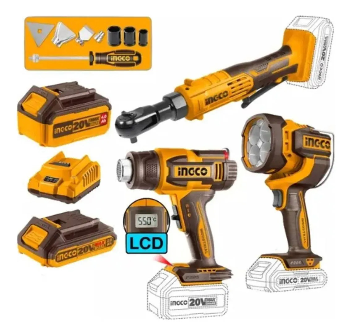 Pack Llave Crique Pistola Calor Linterna Cargador Ingco