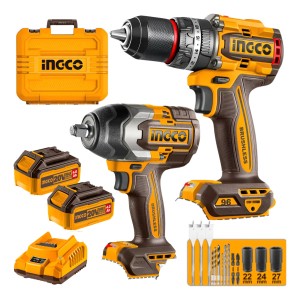 Llave De Impacto 850nm + Taladro 96nm Ingco 20v 2 Baterias Naranja Claro