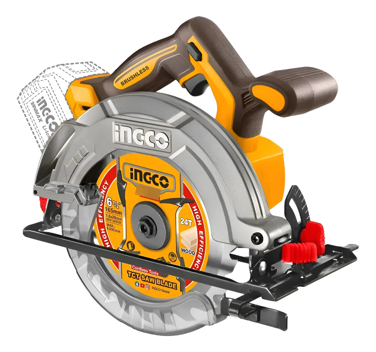 Sierra Circular A Batería Ingco 20v Motor Sin Carbones Csli1 Amarillo 50hz/60hz