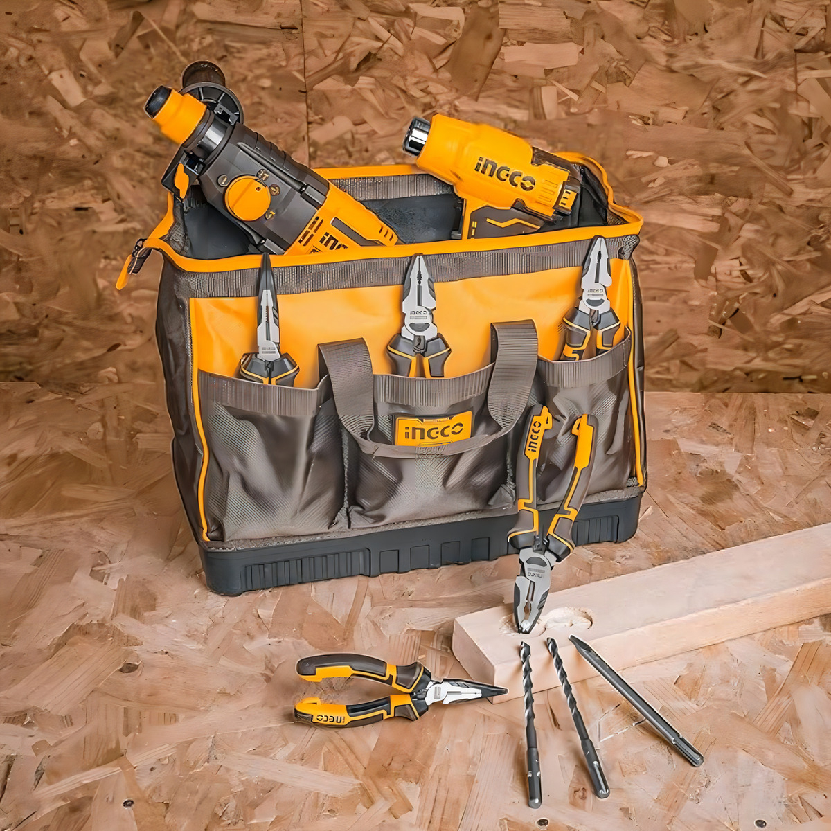 Bolso De Herramientas Ingco 16 Bolsillos 16 Htbg Color Negro - Imagen 4