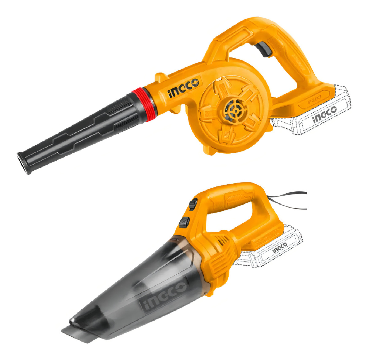 Kit Sopladora + Aspiradora Bateria Ingco 0.5lts + Accesorios Naranja