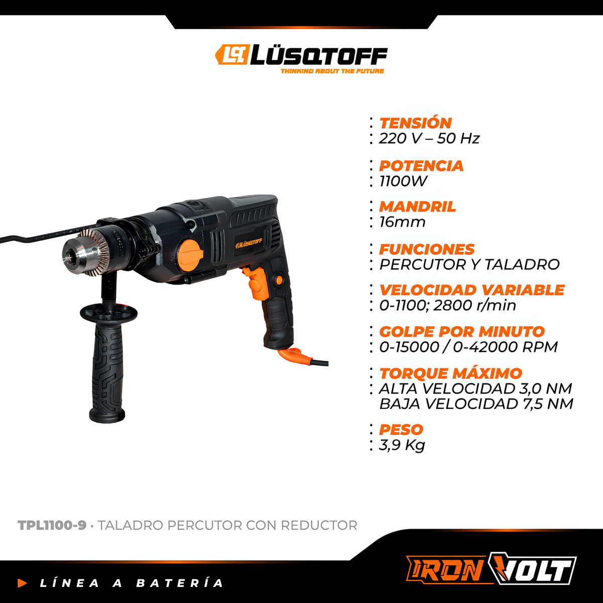 Taladro Percutor Eléctrico Profesional Lusqtoff 42000rpm 1100w 16mm Color Negro Frecuencia 50hz Tpl1100-9 50 Hz - Imagen 4
