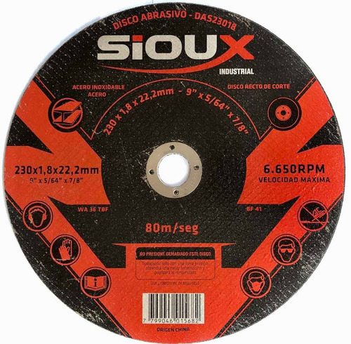 Disco Abrasivo Corte Extrafino Industrial 9 PuLG Sioux (x25) Color Rojo