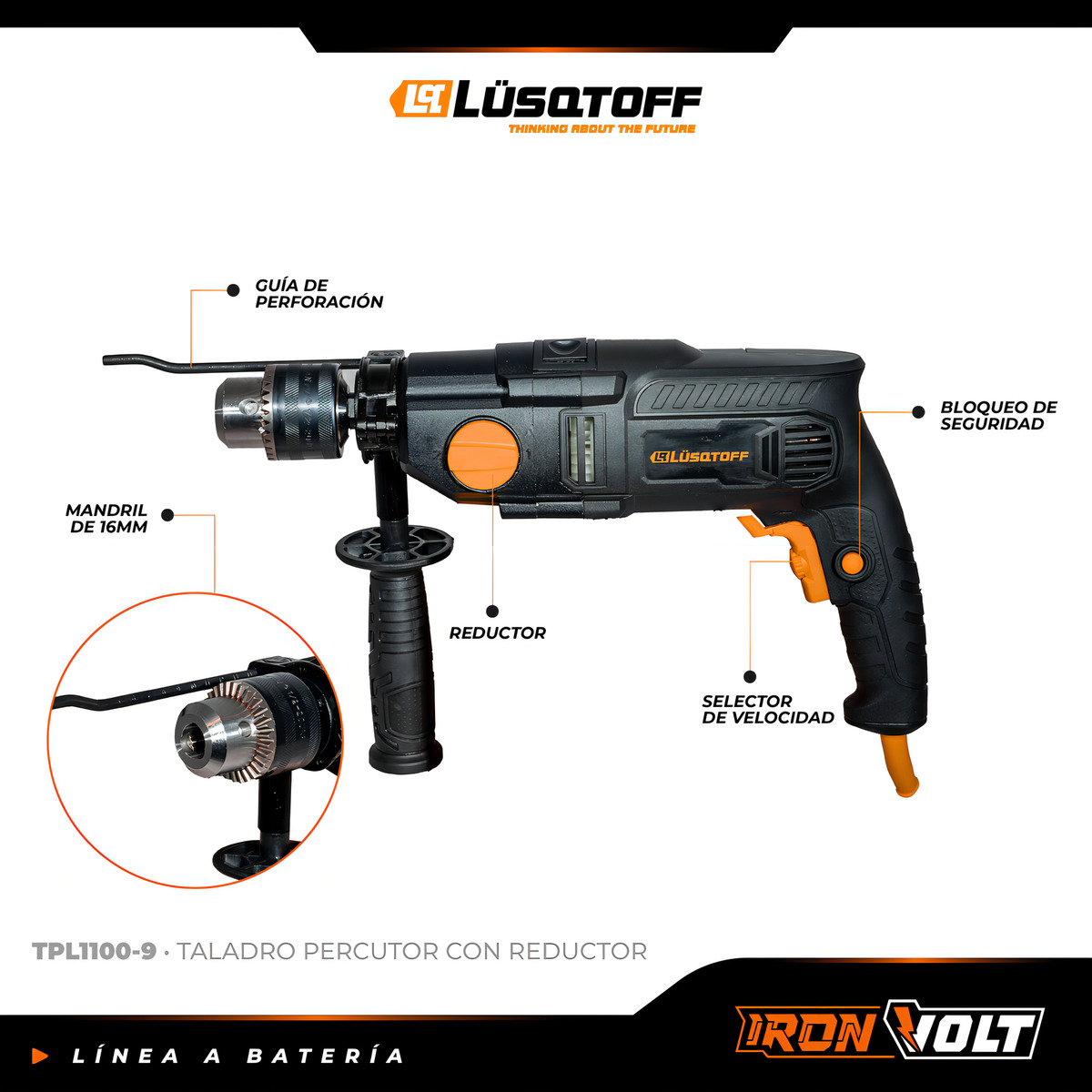 Taladro Percutor Eléctrico Profesional Lusqtoff 42000rpm 1100w 16mm Color Negro Frecuencia 50hz Tpl1100-9 50 Hz - Imagen 5