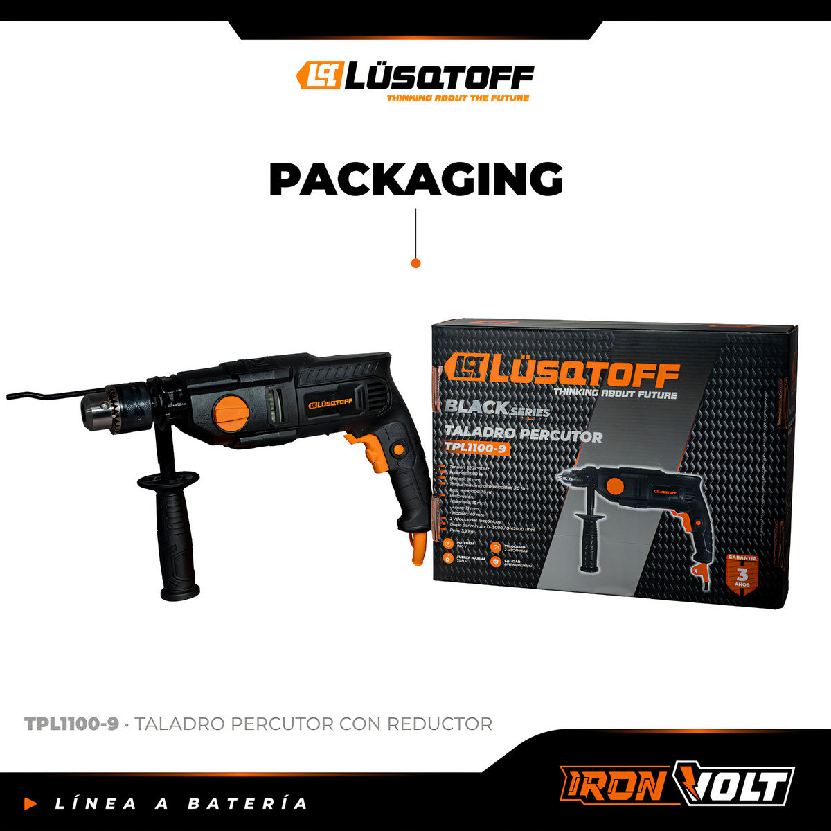 Taladro Percutor Eléctrico Profesional Lusqtoff 42000rpm 1100w 16mm Color Negro Frecuencia 50hz Tpl1100-9 50 Hz - Imagen 2