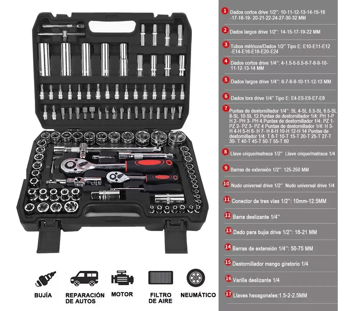 Juego De Herramientas Dados Mecánicas 108 Pcs Kit, 1/2, 1/4, Negro - Imagen 3