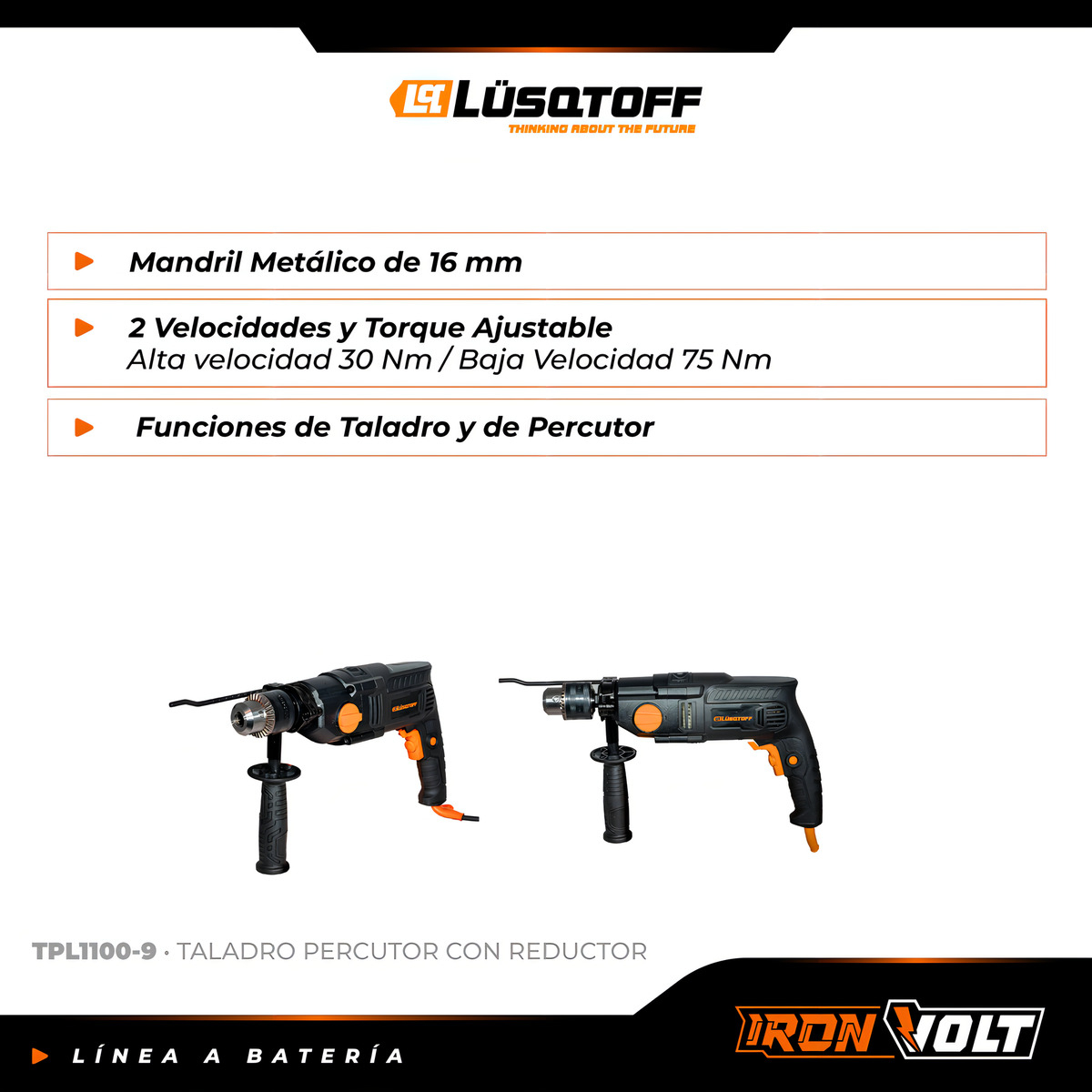 Taladro Percutor Eléctrico Profesional Lusqtoff 42000rpm 1100w 16mm Color Negro Frecuencia 50hz Tpl1100-9 50 Hz - Imagen 6