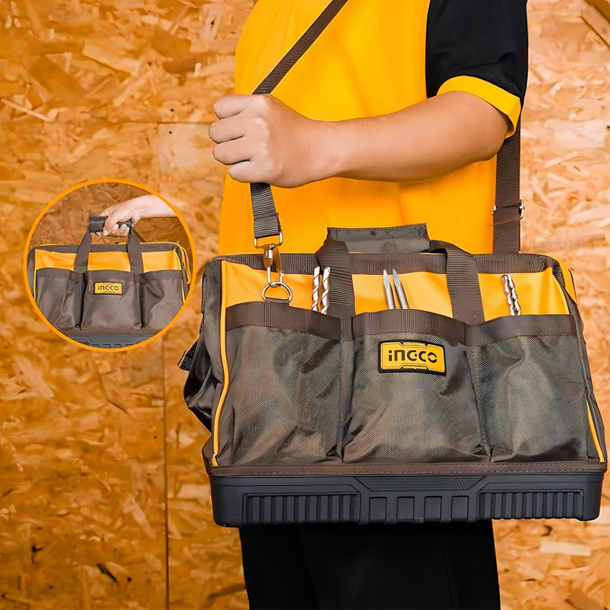 Bolso De Herramientas Ingco 16 Bolsillos 16 Htbg Color Negro - Imagen 5