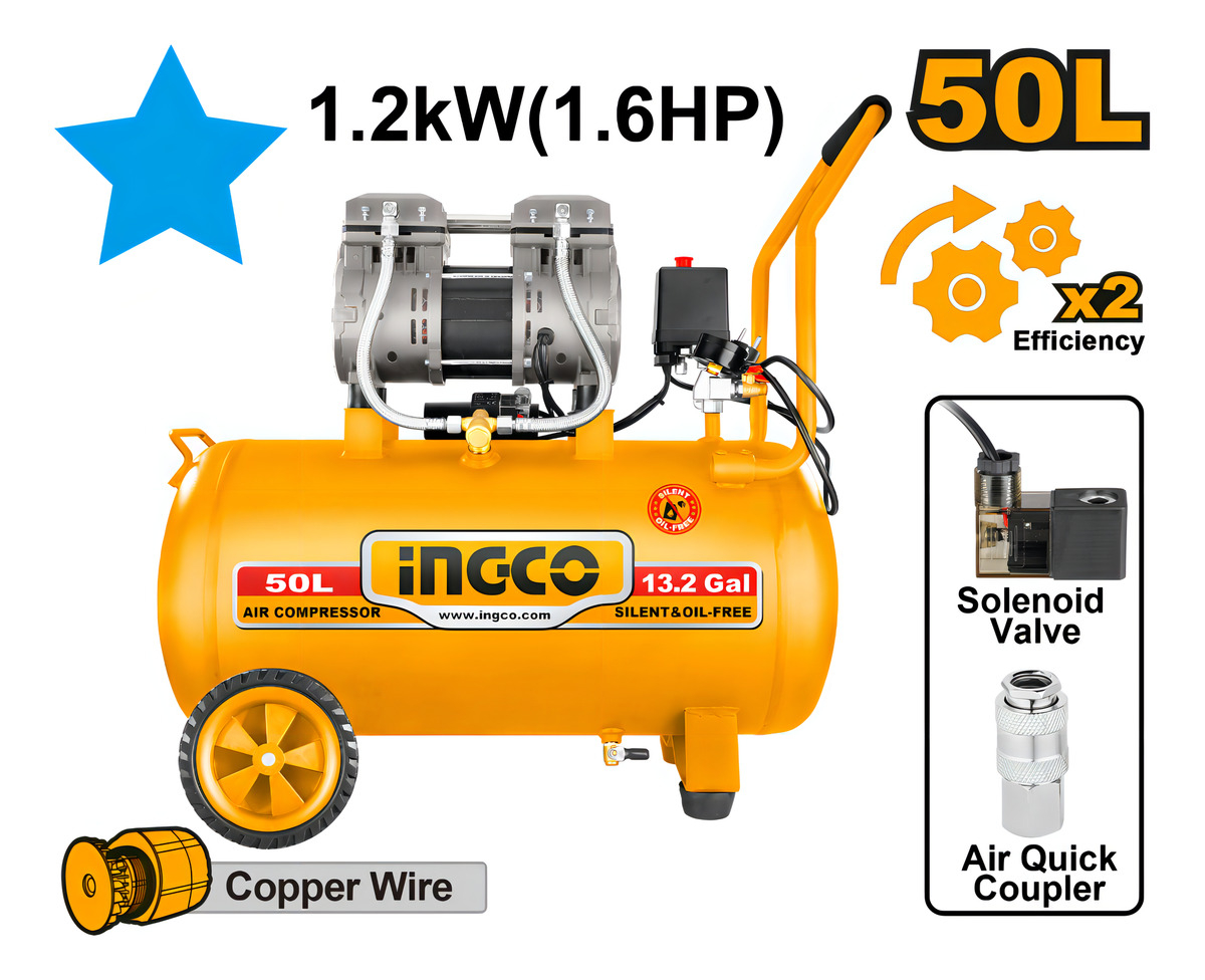 Compresor 50lt 1.6hp Libre Aceite Bajo Ruido Acs112501 Ingco Amarillo 50hz/60hz Bifásica - Imagen 2