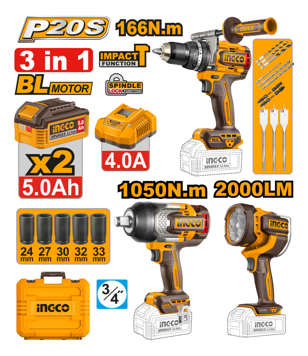 Kit Combo A Bateria 20v Set 3 Herramientas Accesorios Ingco - Imagen 2