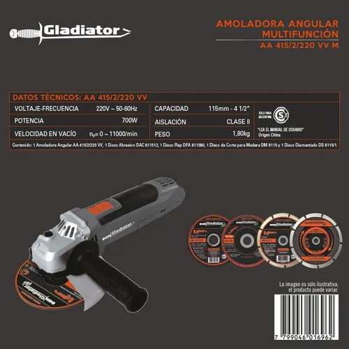 Amoladora Angular Gladiator Pro Aa 415/2/ Vvm Color Gris 700 w 220 v + Accesorio - Imagen 5