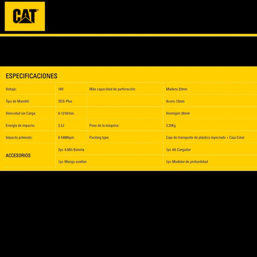 Rotomartillo Cat Sds Plus 5 Funciones 2 Bats Color Negro - Imagen 6