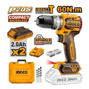 Taladro Percutor Atornillador Ingco 20v, Sin Carbones, 2 Bat