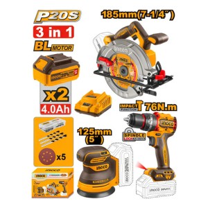 Kit Ingco P20s Brushless 3en1 Taladro + Sierra + Lijadora