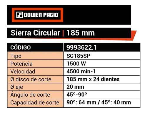 Sierra Circular 1500 W Guia Laser - Dowen Pagio Color Naranja Frecuencia 50-60hz 50 Hz - Imagen 3