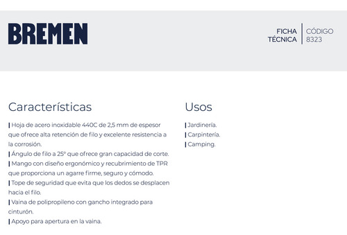 Cuchillo Multiuso Bremen Con Funda Acero Inoxidable Camping Pesca 21 Cm 8323 Azul - Imagen 3