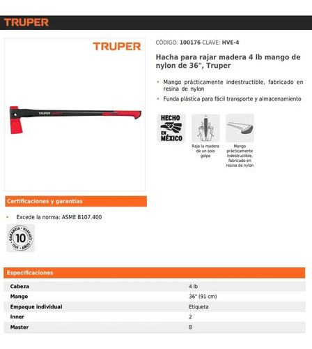 Hacha De Corte 1,8kg 4lb Mango Nylon Truper 100176 - Rex - Imagen 7