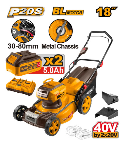 Corta Cesped 18 Bateria 20v + 2 Bat 5.0ah + Cargador Ingco Amarillo - Imagen 2