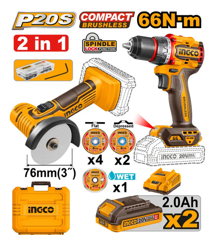 Kit Ingco Ckli20766 Amoladora + Taladro Atornillador - Imagen 2