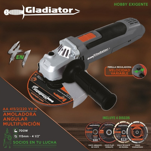 Amoladora Angular Gladiator Pro Aa 415/2/ Vvm Color Gris 700 w 220 v + Accesorio - Imagen 3