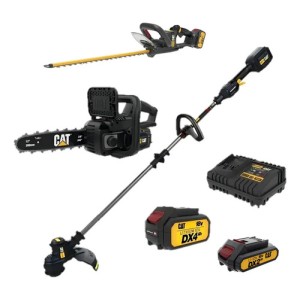 Kit Herramientas Cat Bordeadora + Corta Cerco + Motosierra + Batería 4 Ah + Batería 2 Ah + Cargador