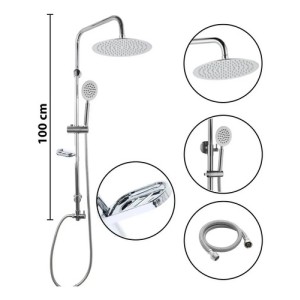 Barral Columna Ducha Barra Roseta Y Teléfono Redondo Plateado Cromado