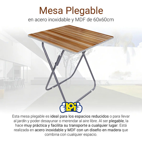 Mesa Plegable En Acero Inoxidable Y Mdf 60x60cm Altura 70cm Marrón Claro/gris - Imagen 6