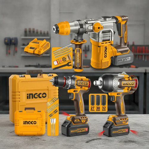 Taladro + Llave De Impacto + Amoladora + Rotomartillo Ingco