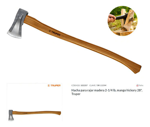 Hacha Para Rajar Madera Leña Mango Hickory 28 Truper 102207 - Imagen 3