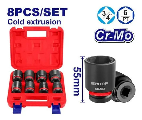 Dados Impacto Encastre 3/4'' Set 8pcs Maletín Emtop - Imagen 2