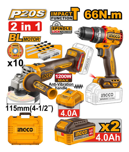 Kit Combo Ingco 20v Amoladora 115mm + Taladro Percutor 66nm - Imagen 3