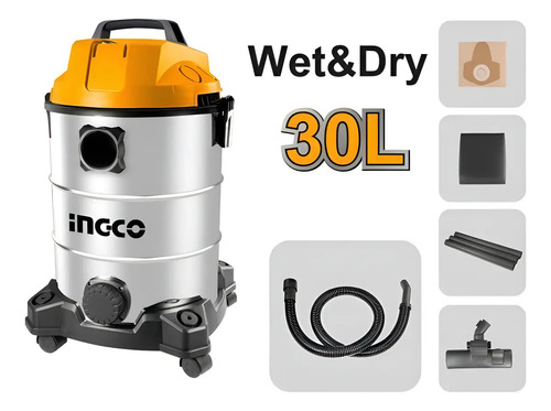 Aspiradora 30lts 1300w Ingco Vc13301 - Smf Color Plateado
