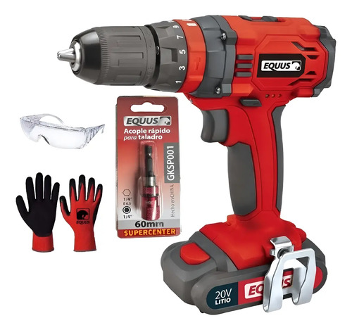 Taladro Atornillador Inalambrico Equus 1009FT 20v 2 Bateria Litio Maletin Color Rojo