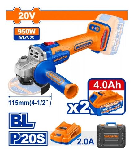 Amoladora Angular Wadfow Inalámbrica Con 2 Baterías Y Cargador De 20v Azul - Imagen 3
