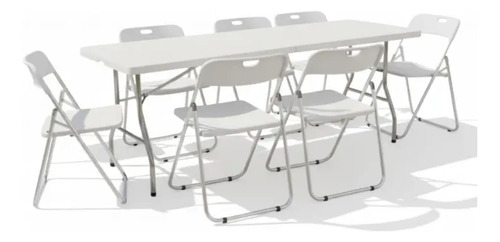 Mesa Plegable Blanca Plástico Metal 1.8m Exterior +sillas 8