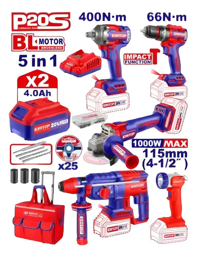 Combo Kit De Herramientas 20v Brushles 5 En 1 Emtop Eckl2059