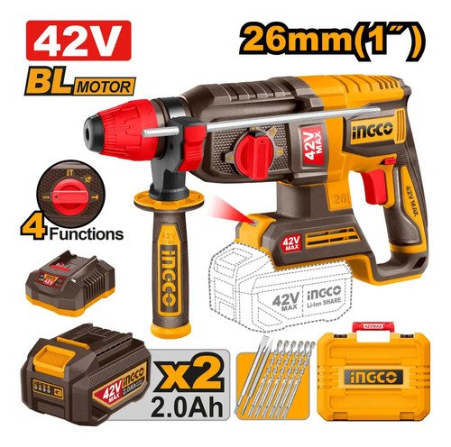 Rotomartillo A Bateria 42v Sds Plus 2.5j + Accesorios Ingco Amarillo - Imagen 2
