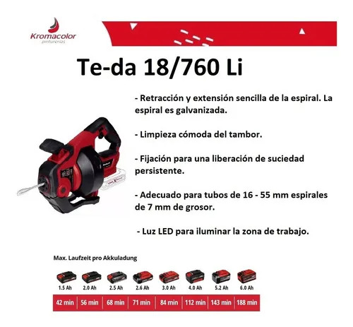 Destapa Cañerías Einhell A Batería Te-da 18/760 Li Solo - Imagen 6