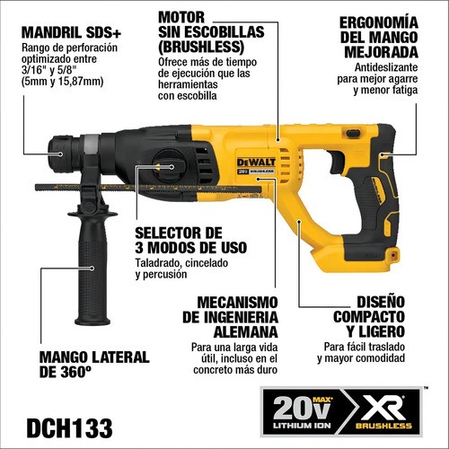 Rotomartillo Sds Plus 1 Pul 20 V Inalambrico Dewalt Dch133b Amarillo/negro - Imagen 4