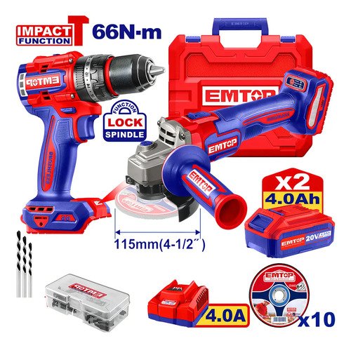 Kit Combo Taladro Percutor 66nm + Amoladora 115 Mm Brushless 2 Baterias 4AH Emtop Maletin Y Accesorios EMTOP