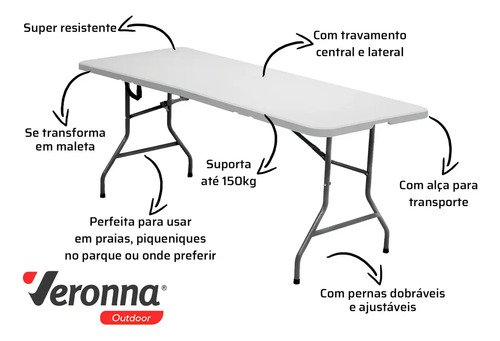 Mesa plegable Cira Maletín con asa de 1,80 m 2 unidades color blanco Tmp180 Veronna - Imagen 2