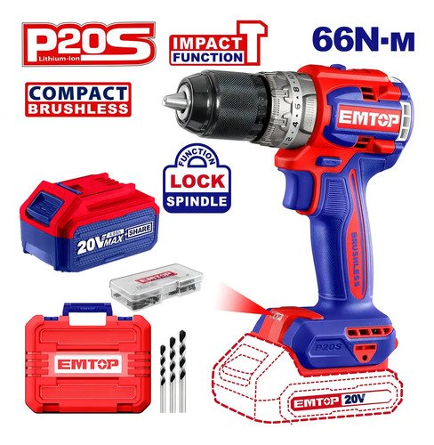 Kit Combo Taladro Percutor 66nm + Amoladora 115 Mm Brushless 2 Baterias 4AH Emtop Maletin Y Accesorios EMTOP - Imagen 2