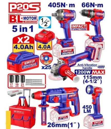 Kit Emtop 5 Herramientas Inalámbricas New