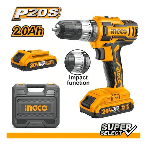 Taladro percutor atornillador inalámbrico de 10mm Ingco CIDLI200215 20V + accesorios con estuche de plástico - Imagen 2