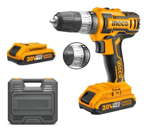 Taladro percutor atornillador inalámbrico de 10mm Ingco CIDLI200215 20V + accesorios con estuche de plástico