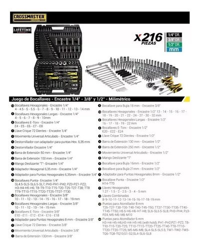 Set Kit Juego Bocallaves Crossmaster 216 Pzas 1/4 1/2 3/8 Color Negro - Imagen 3