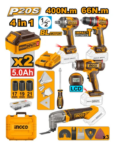 Kit Llave De Impacto 20v +taladro Percutor Ingco Cosli240969 - Imagen 2